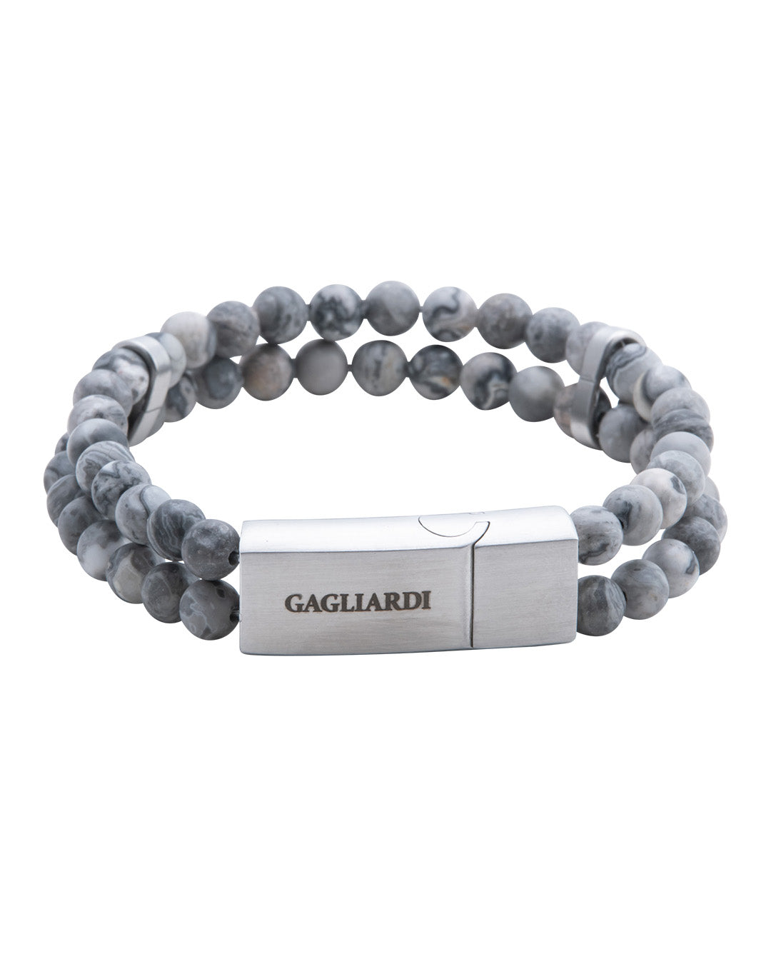 Grey Jasper Stone Bead Bracelet With Brushed Steel Clasp