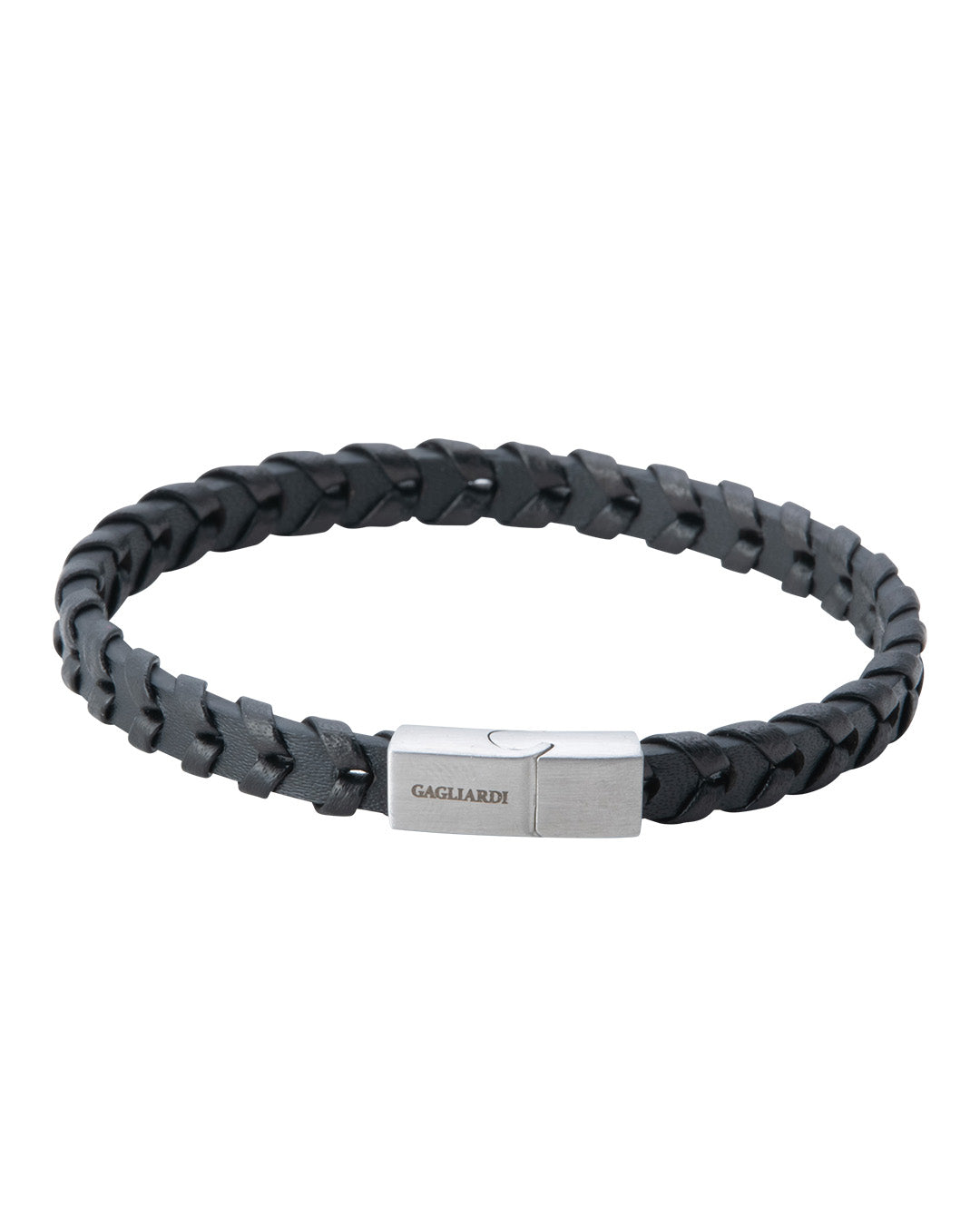 Black Braided Leather Bracelet With Brushed Steel Clasp