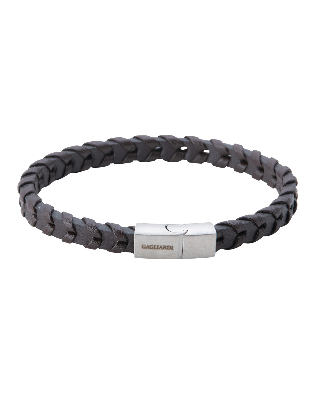 Brown Braided Leather Bracelet With Brushed Steel Clasp