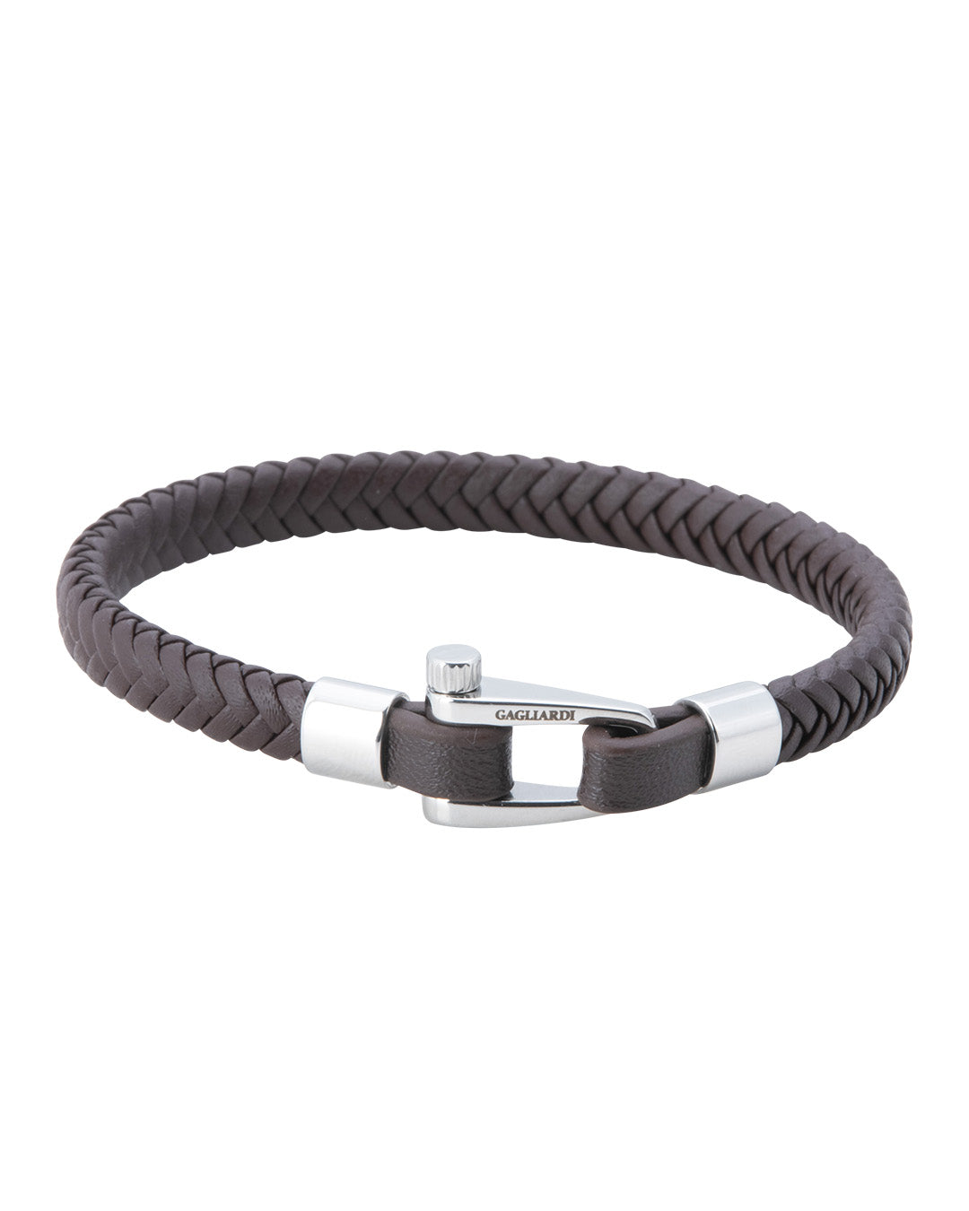 Brown Braided Leather Bracelet With Polished Steel Screw Clasp