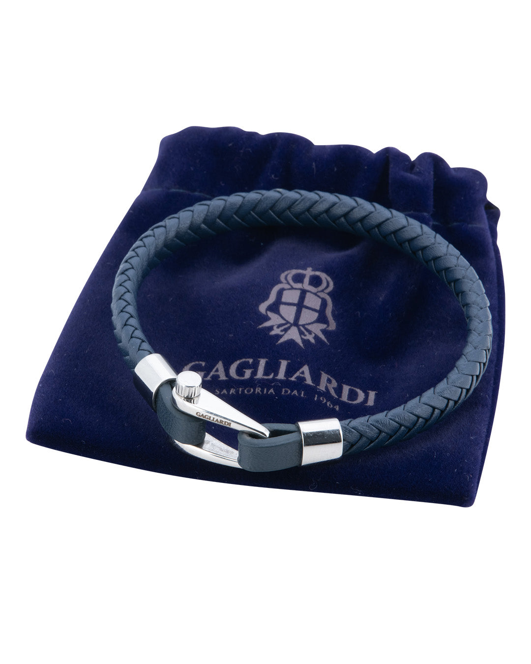 Navy Braided Leather Bracelet With Polished Steel Screw Clasp