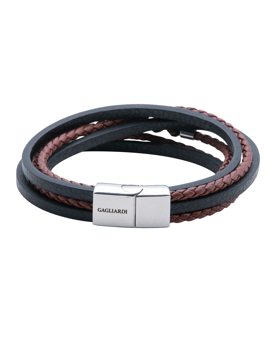 Brown Multi Strand Leather Bracelet With Polished Steel Clasp