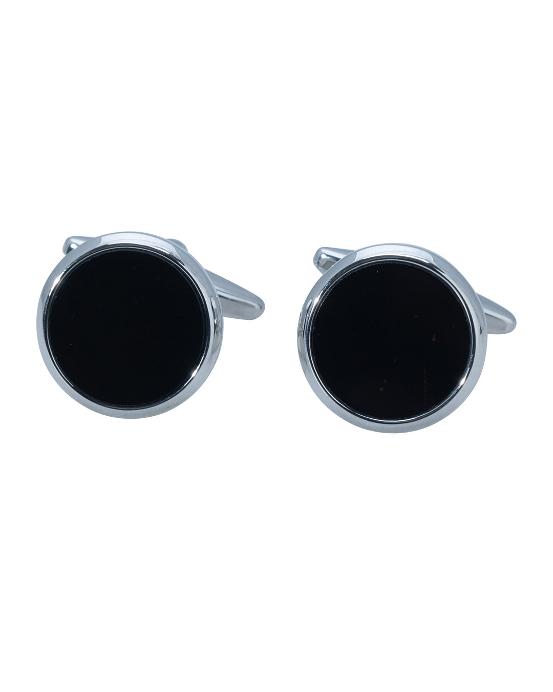 Round Silver Cufflinks With Black Polished Flat Stone