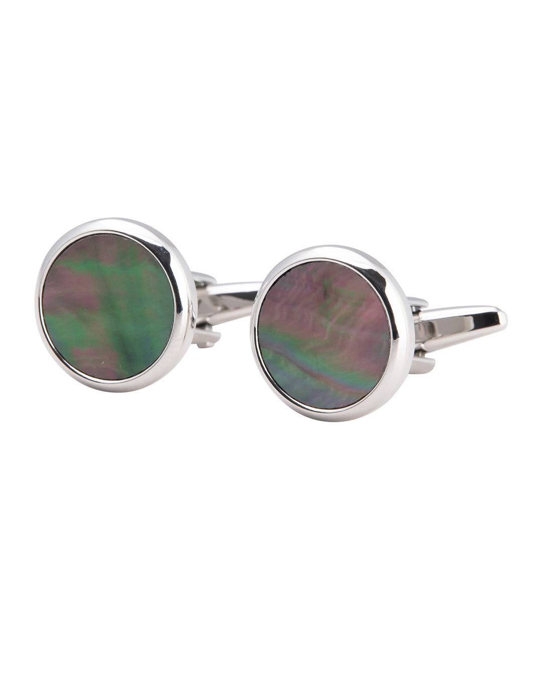 Round Silver Cufflinks With Grey Polished Flat Stone