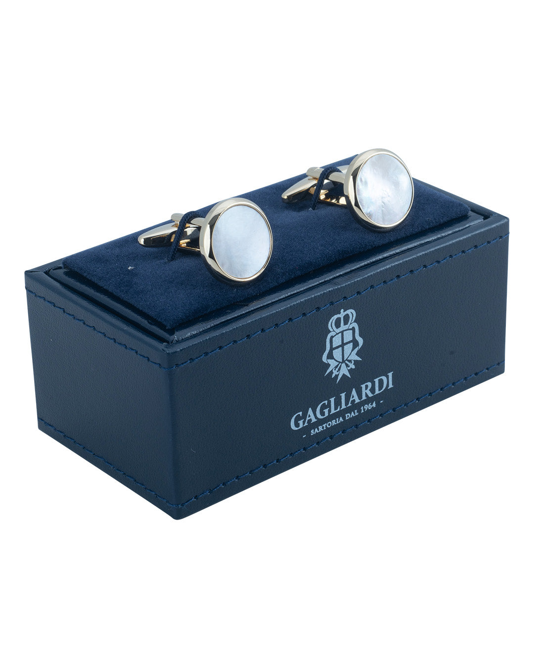 Round Gold Cufflinks With White Polished Flat Stone