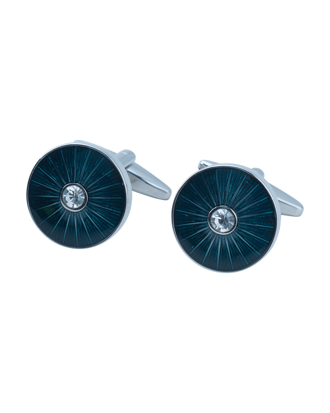 Round Cufflinks With Navy Sunburst Enamel & Crystal Centre