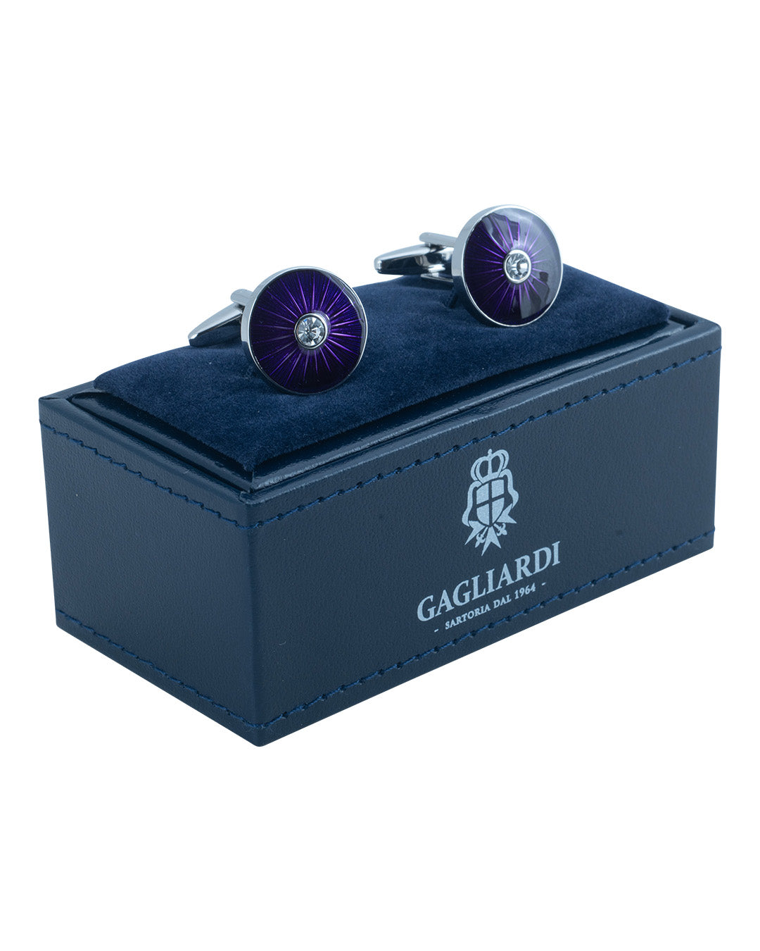 Round Cufflinks With Purple Sunburst Enamel & Crystal Centre