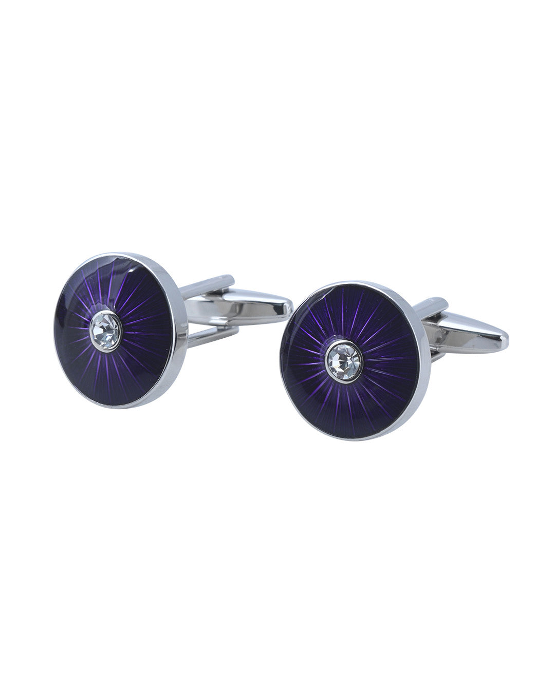 Round Cufflinks With Purple Sunburst Enamel & Crystal Centre