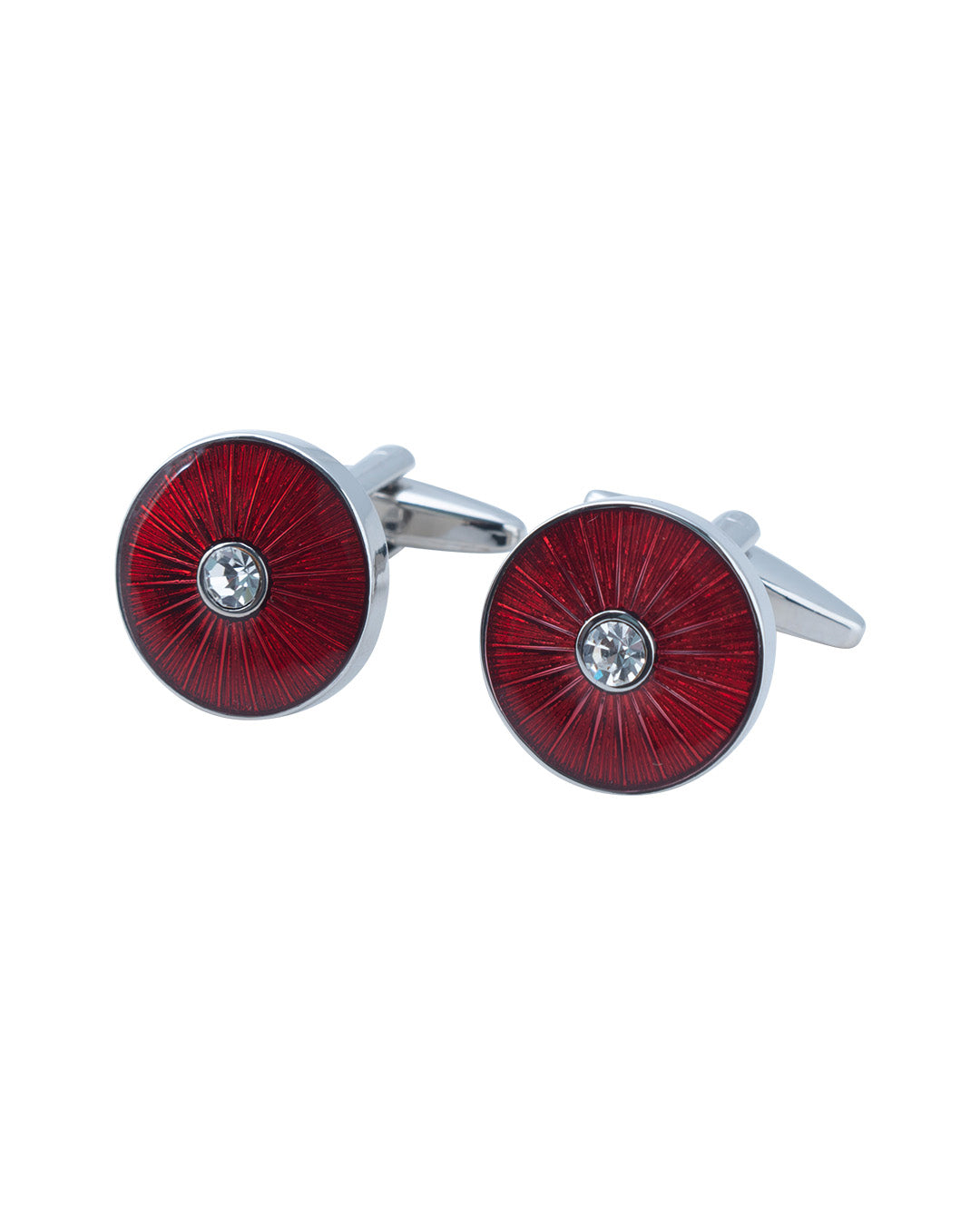 Round Cufflinks With Red Sunburst Enamel & Crystal Centre