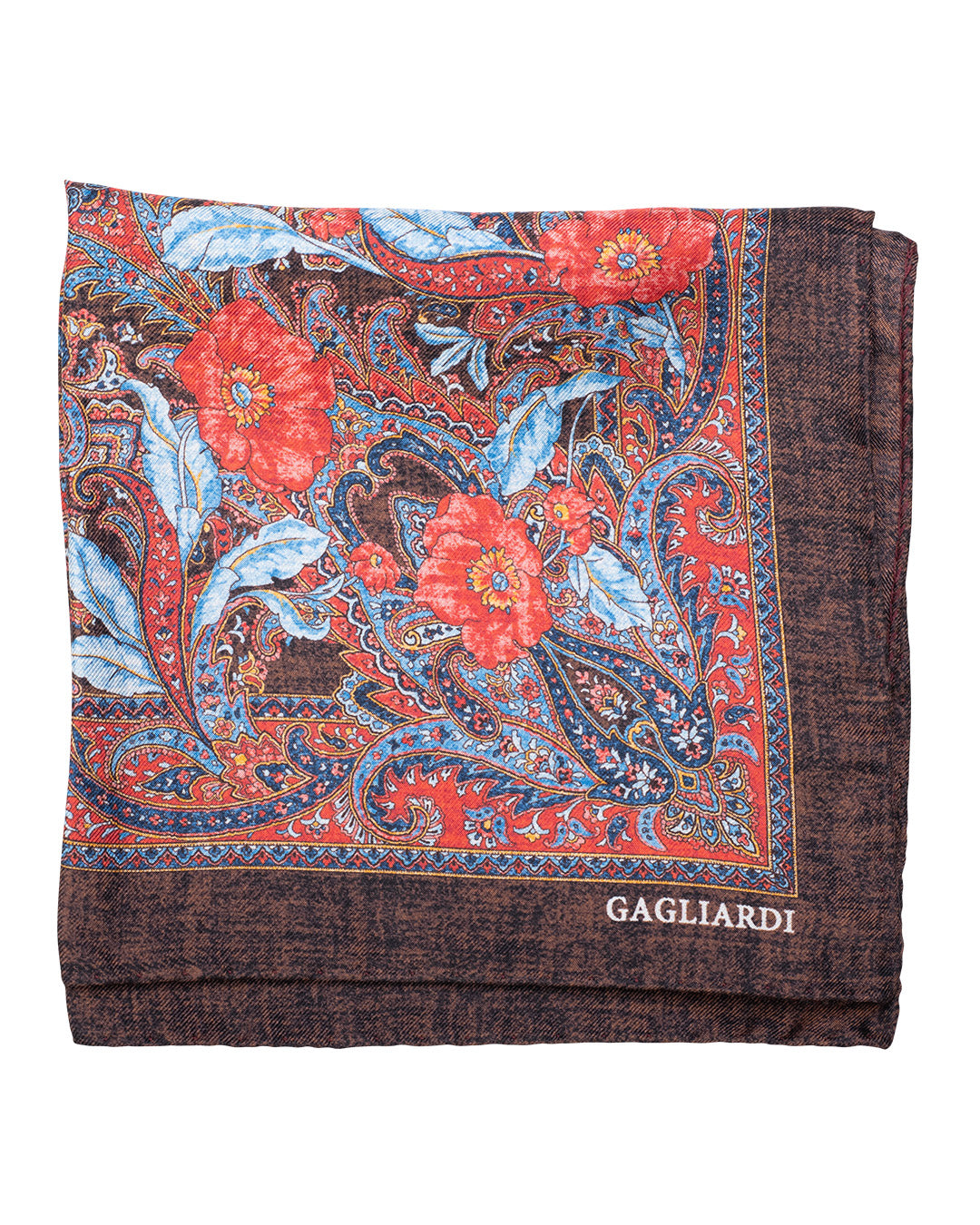 Brown Rich Floral Print Italian Silk Pocket Square | Gagliardi