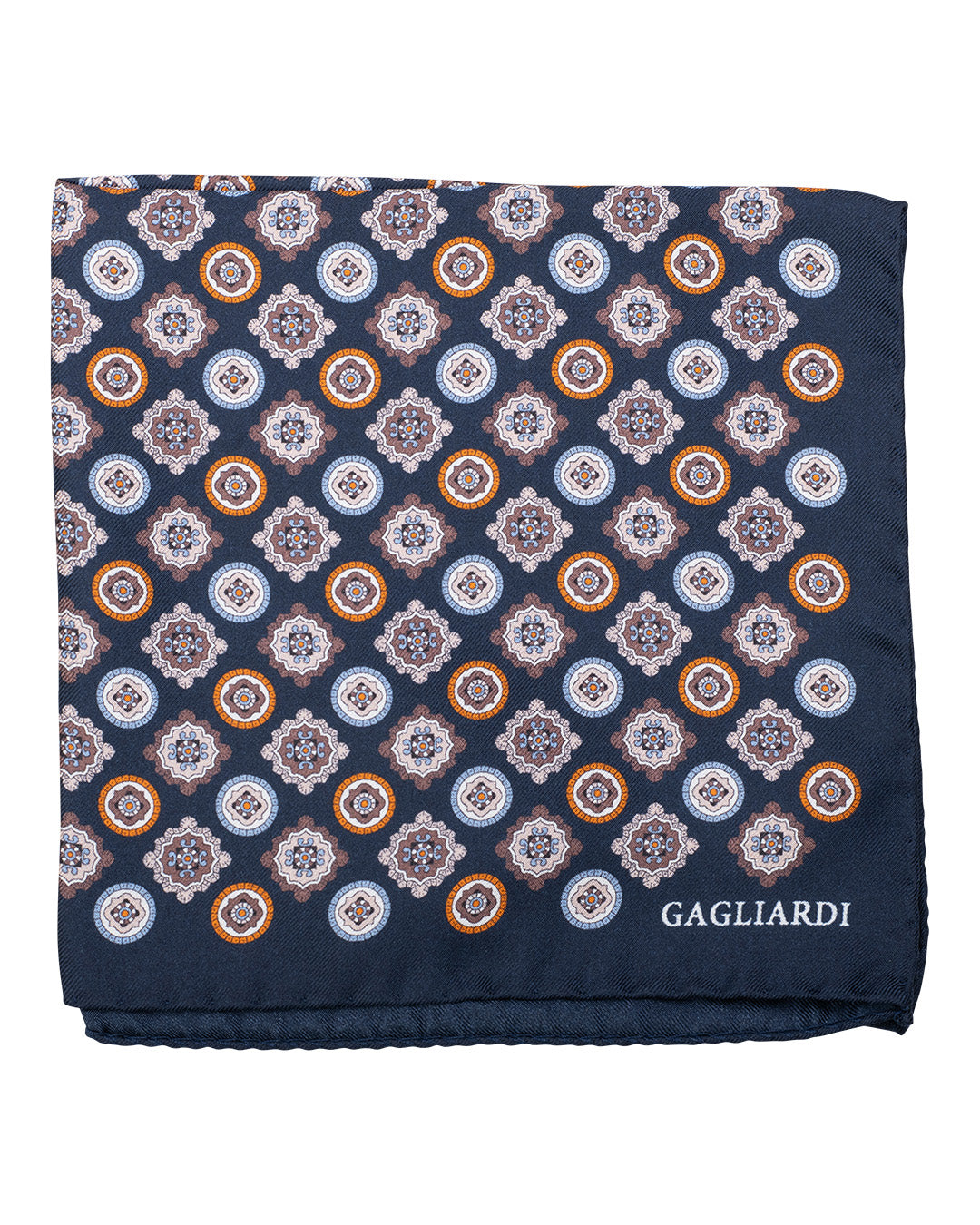 Navy Medallions Print Italian Silk Pocket Square