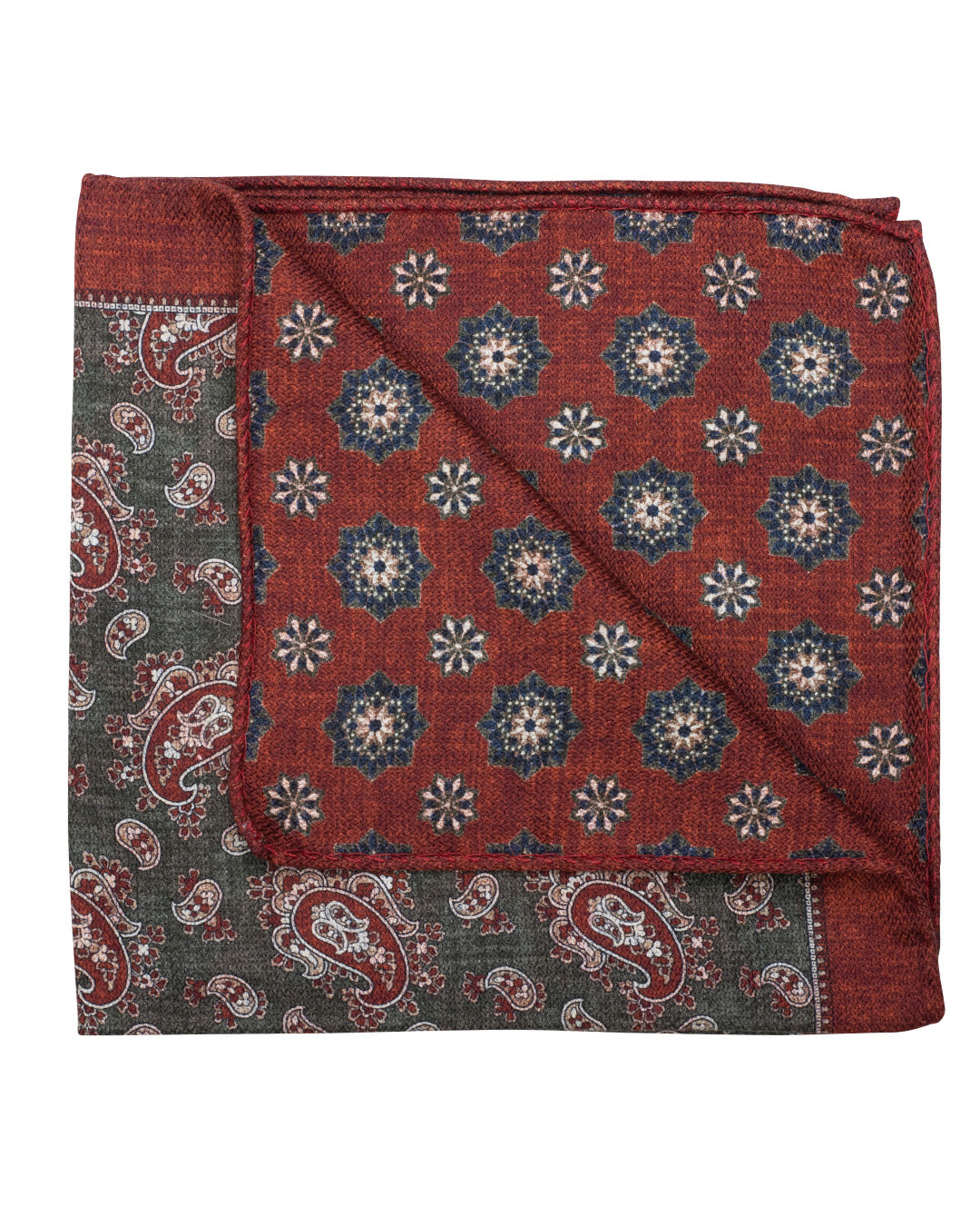 Green Paisley & Rosette Print Italian Silk Double Sided Pocket Square