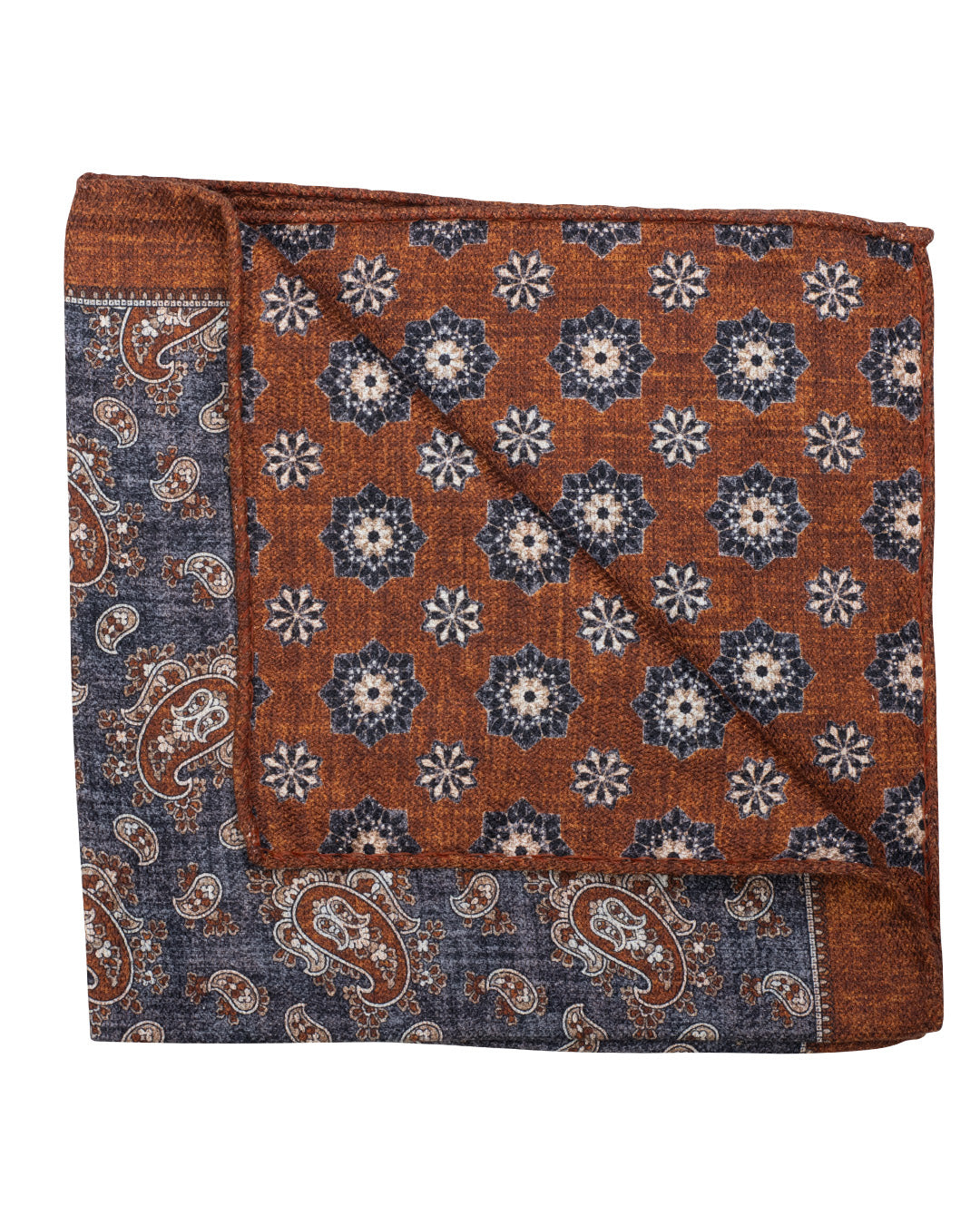 Grey Paisley & Rosette Print Italian Silk Double Sided Pocket Square