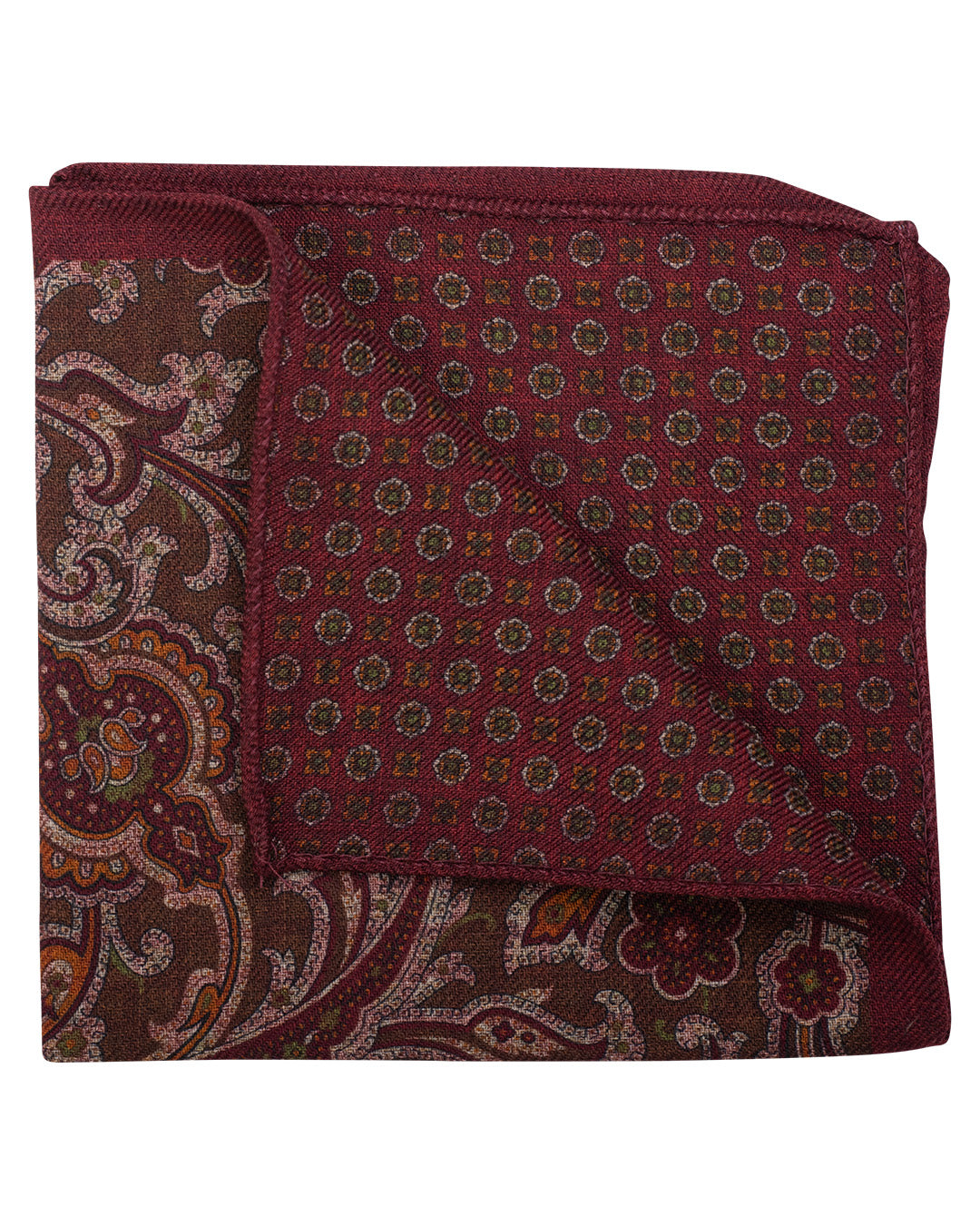 Tan Paisley & Rosette Print Italian Silk Double Sided Pocket Square