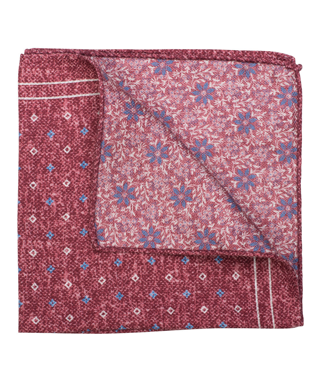 Red Diamonds & Floral Print Italian Silk Double Sided Pocket Square