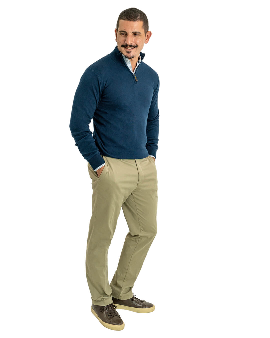 Ciemnoniebieski bawełniany sweter z kaszmiru z zamkiem pod szyją