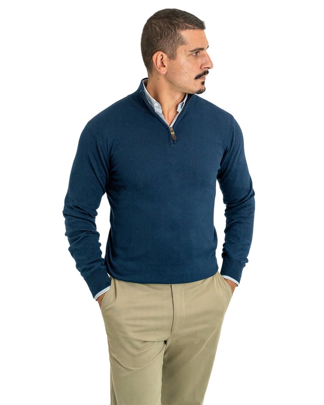 Dark Blue Cotton Cashmere Zip Neck Jumper