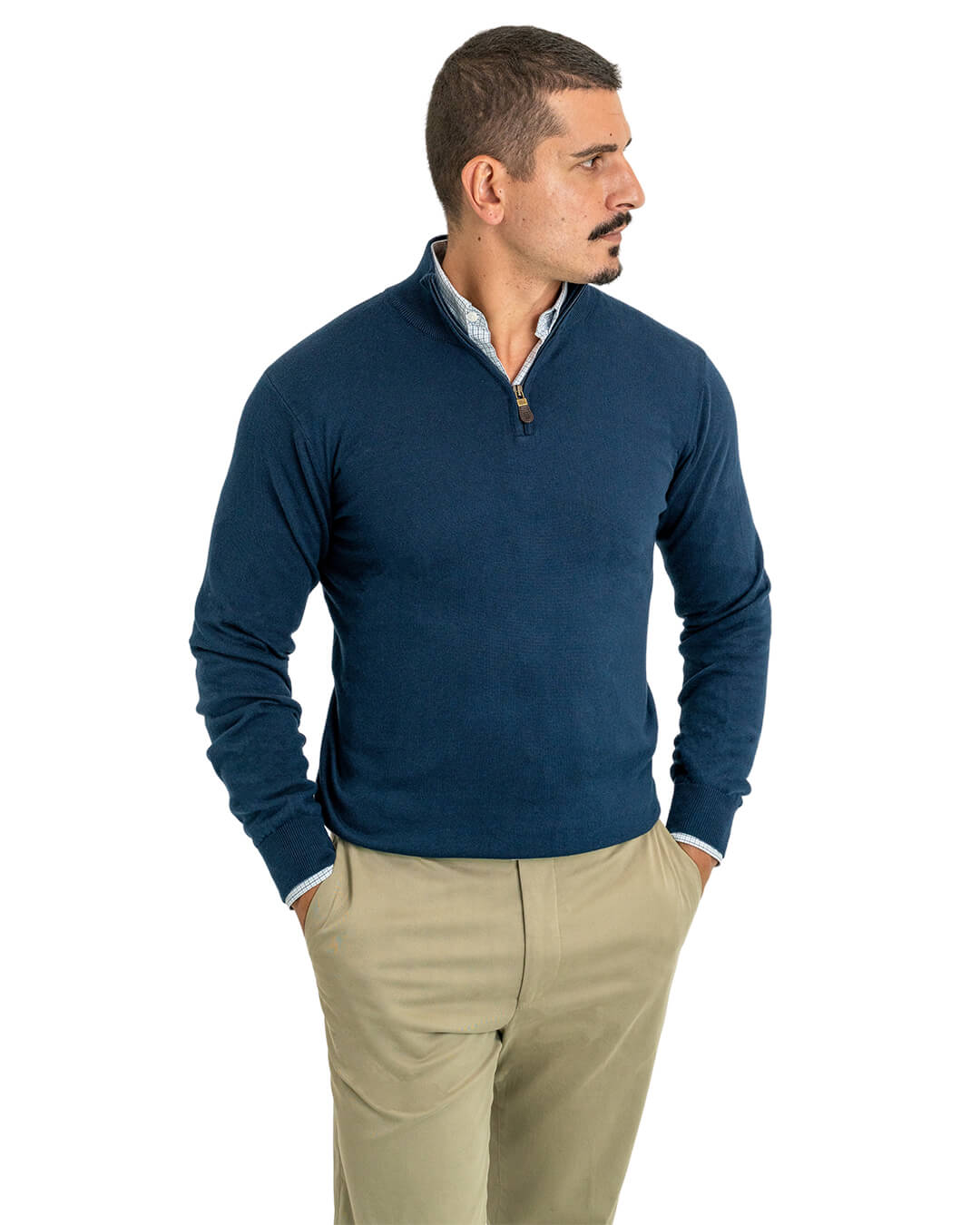 Dark Blue Cotton Cashmere Zip Neck Jumper Gagliardi