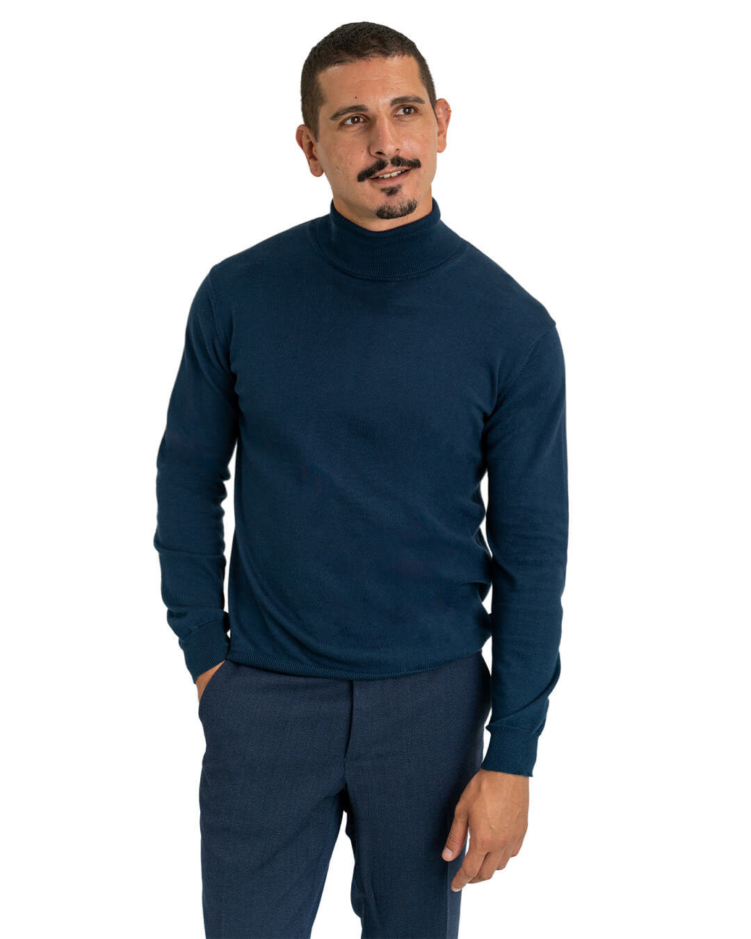 Dark Blue Cotton Cashmere Roll Neck Jumper