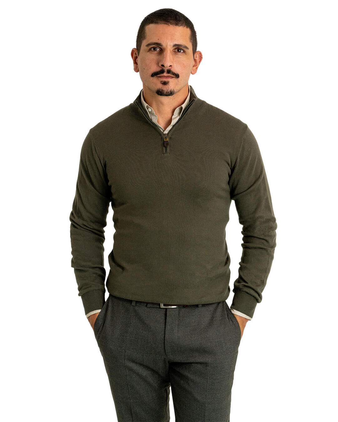 Olive Cotton Cashmere Zip Neck Jumper