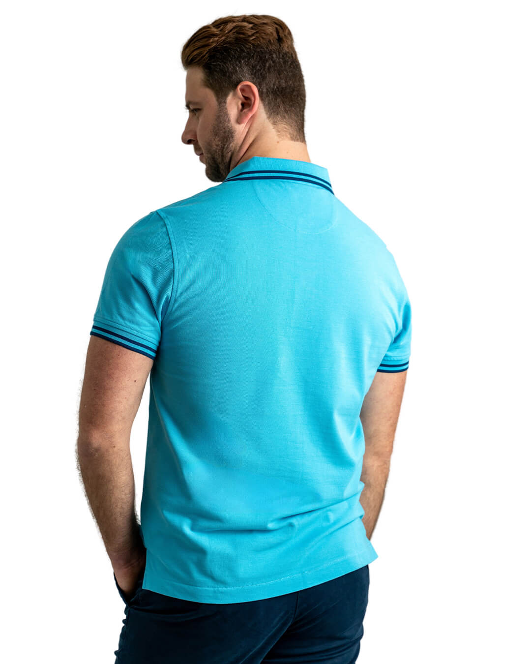Blue Pique Polo Shirt With Double Tipped Collar & Cuff