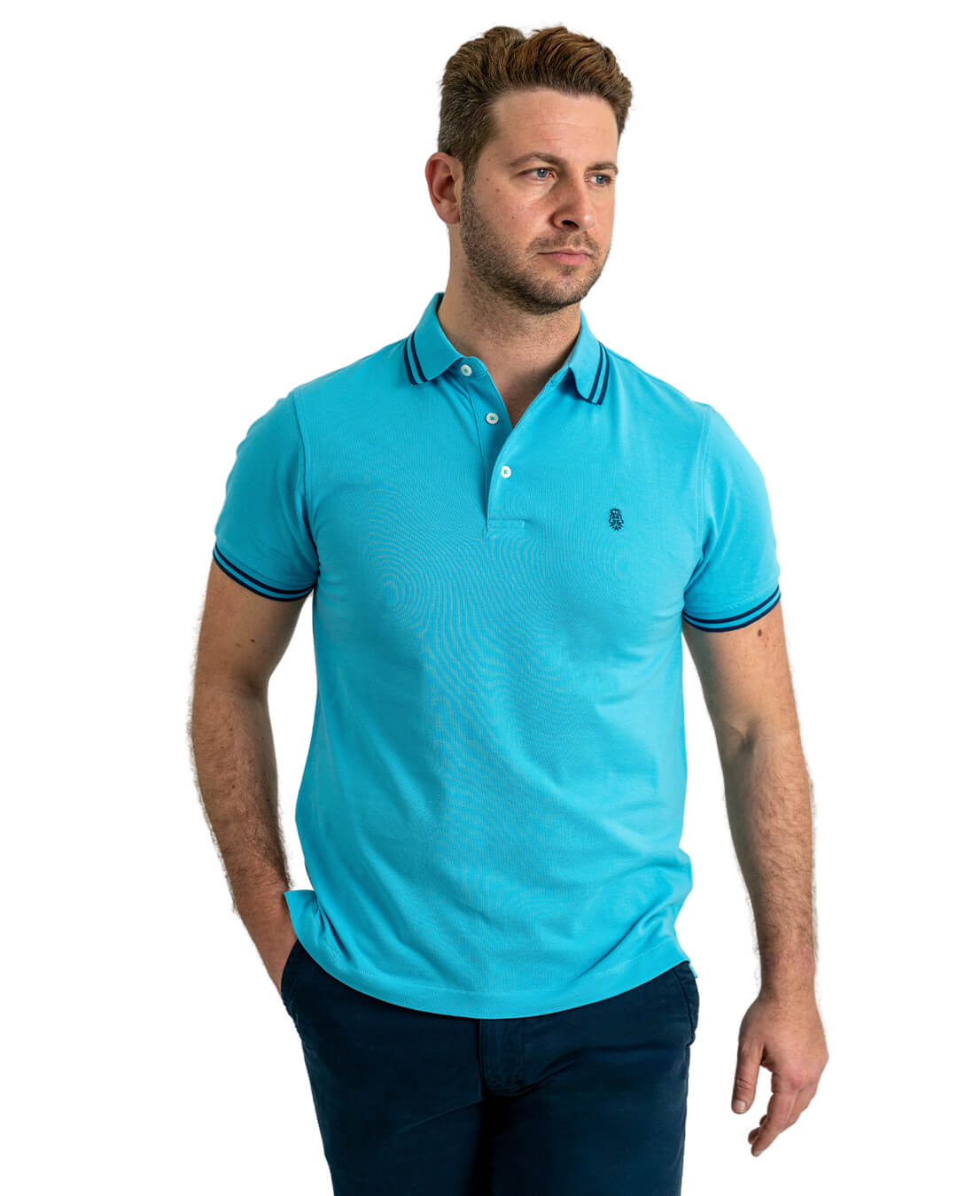 Blue Pique Polo Shirt With Double Tipped Collar & Cuff