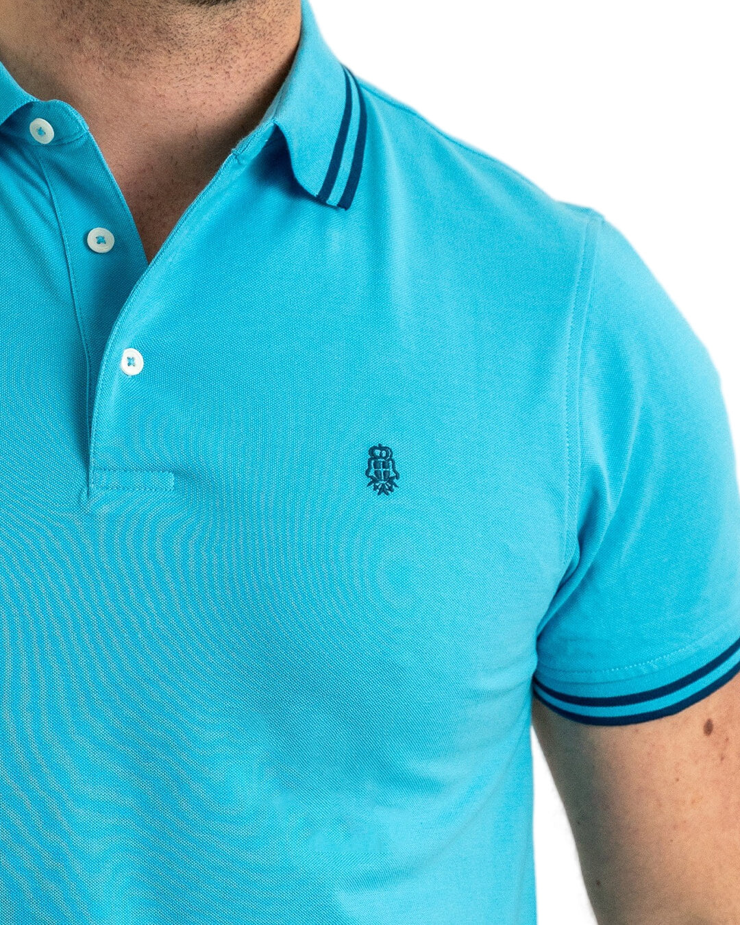 Blue Pique Polo Shirt With Double Tipped Collar & Cuff