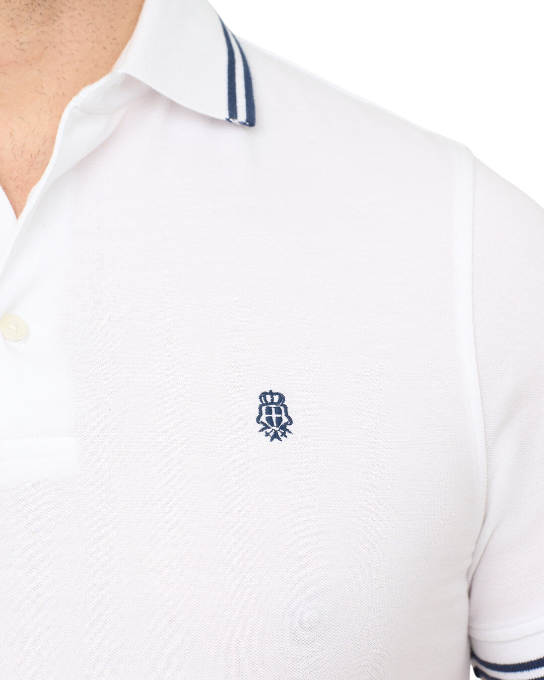 White Pique Polo Shirt With Double Tipped Collar & Cuff