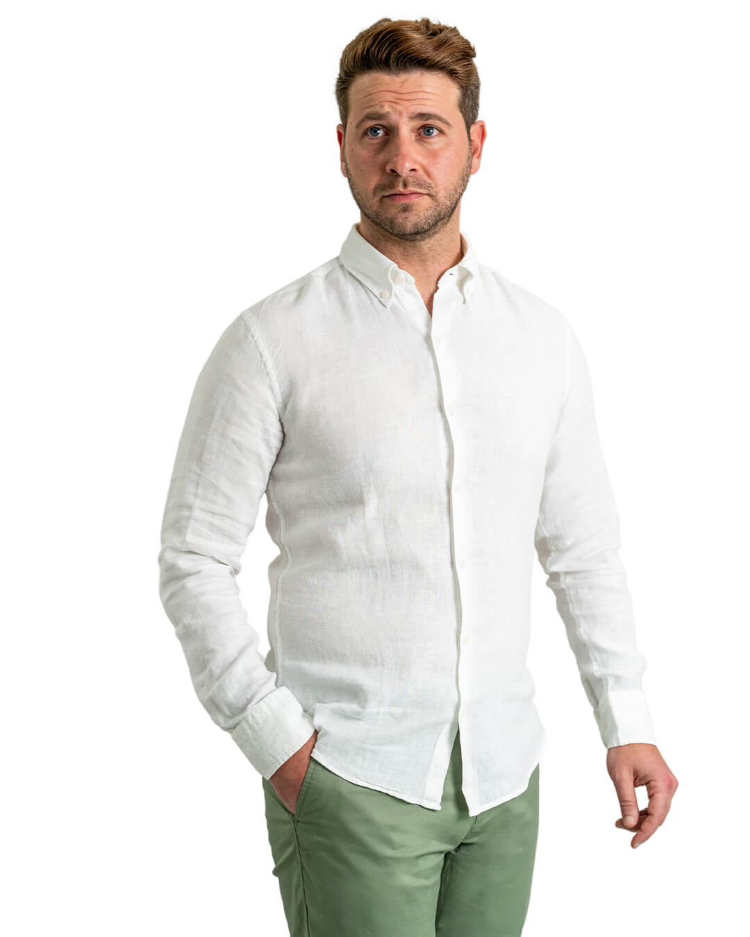 White Slim Fit Linen Button Down Shirt