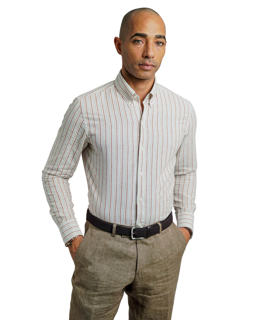 Rust Slim Fit Cotton Linen Stripe Button-Down Shirt