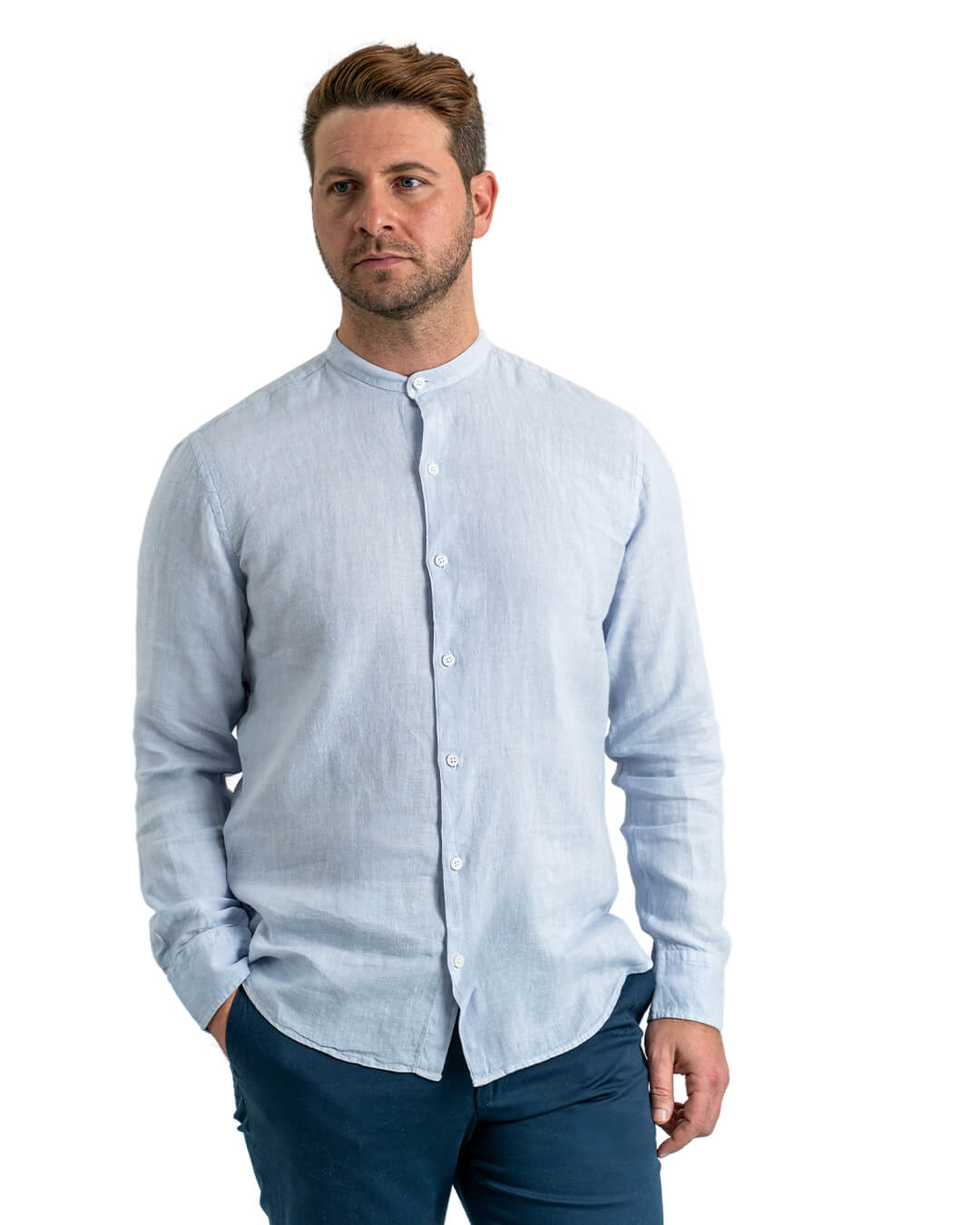 Light Blue Slim Fit Linen Grandad Collar Shirt