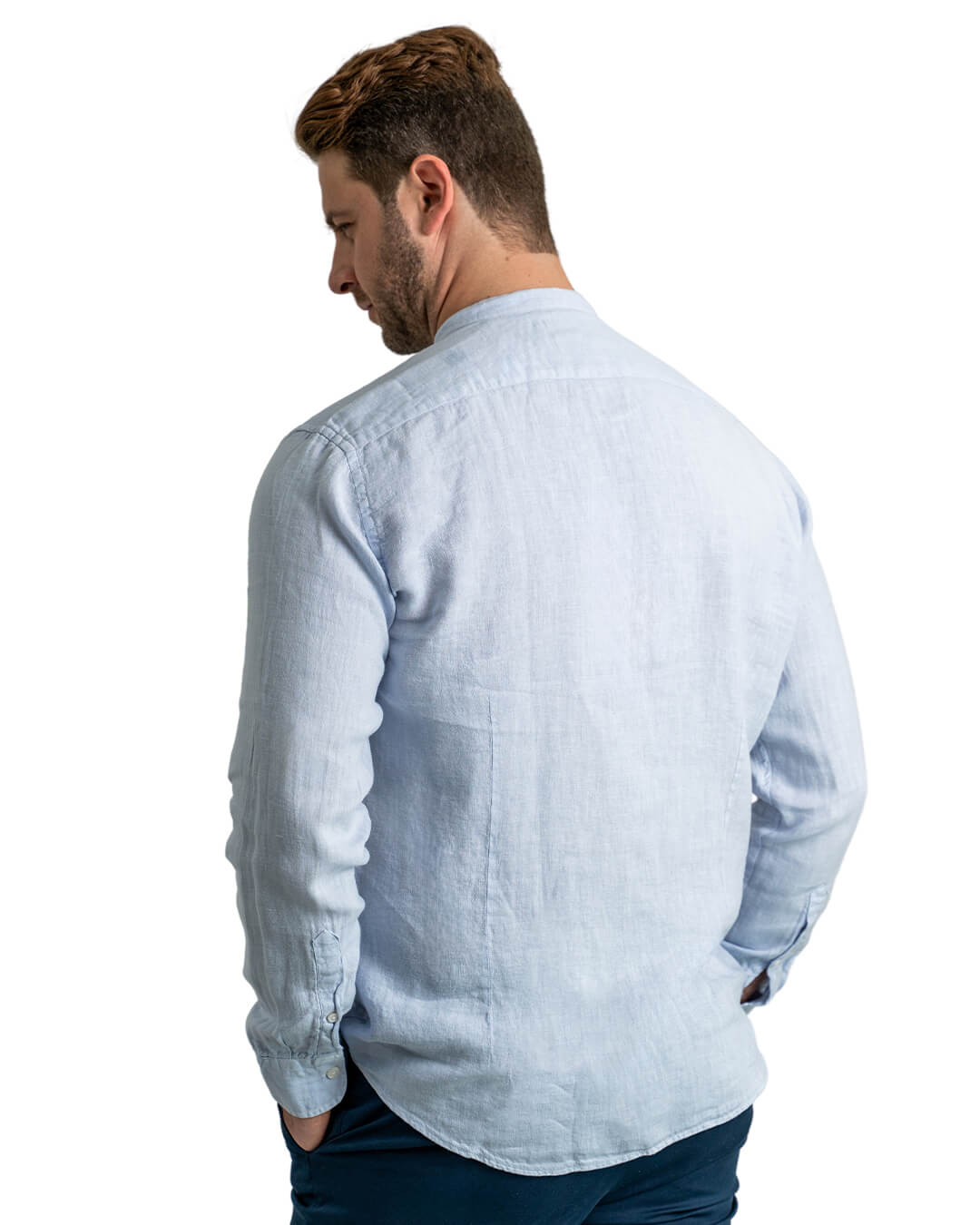 Light Blue Slim Fit Linen Grandad Collar Shirt