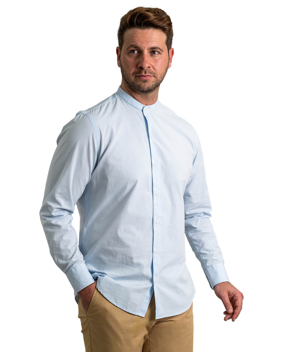 Sky Cotton Hairline Stripe Grandad Collar Shirt