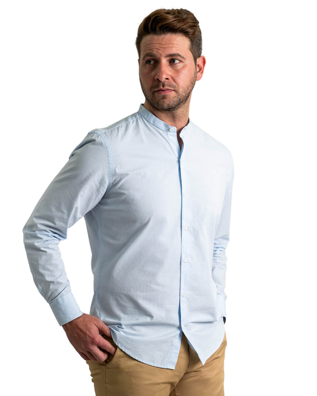 Sky Cotton Hairline Stripe Grandad Collar Shirt