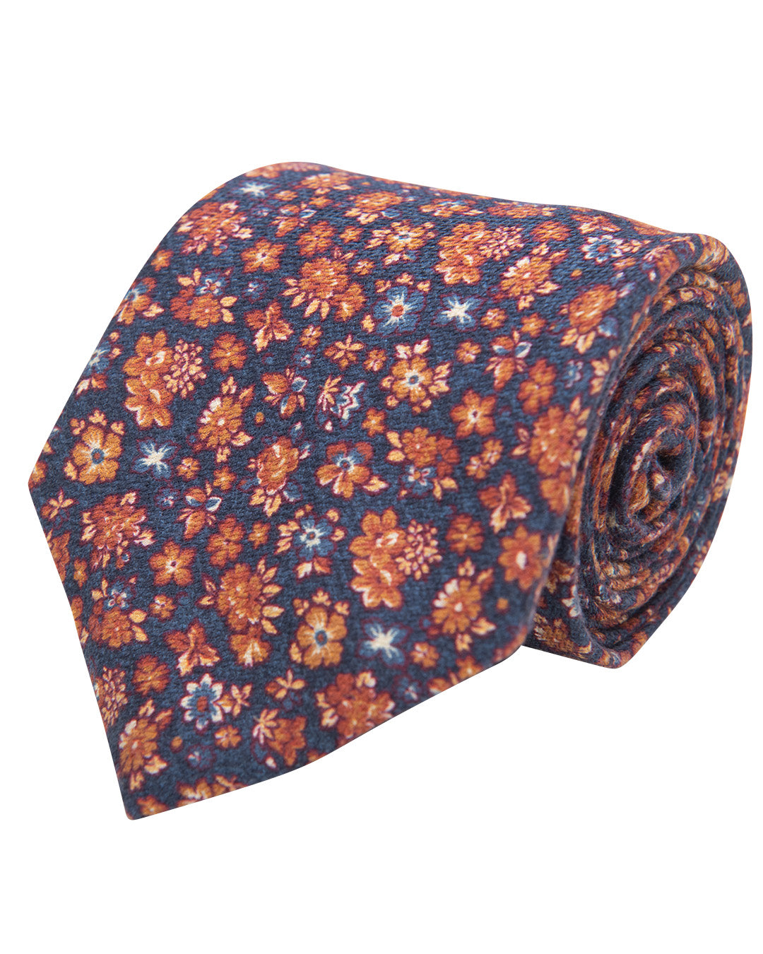 Navy Floral Print Diamante Weave Italian Schappe Silk Tie