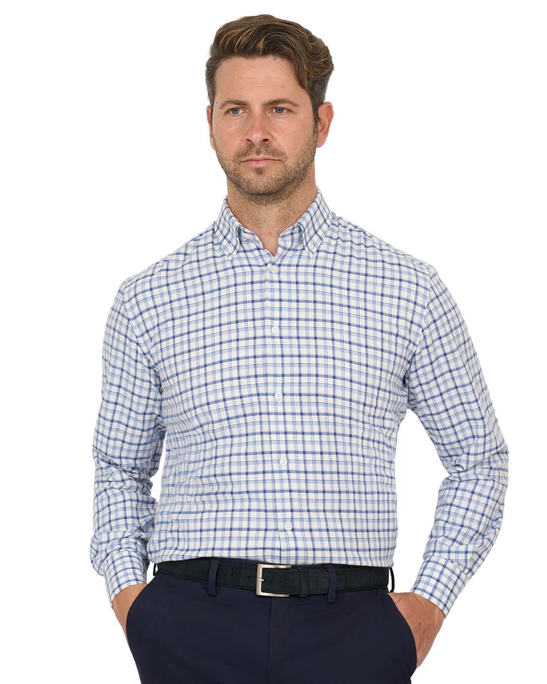 Gagliardi Blue Shirt Check Brushed Cotton Button Down