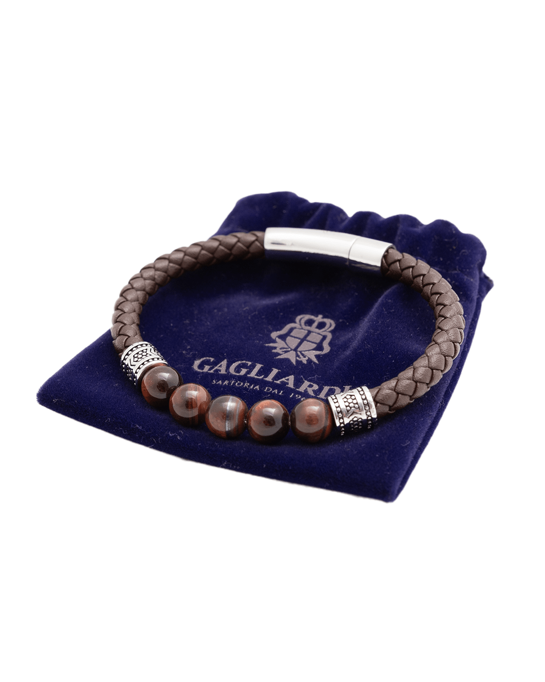 Gagliardi Bracelets Gagliardi Brown Braided Leather & Gemstone Bead Bracelet