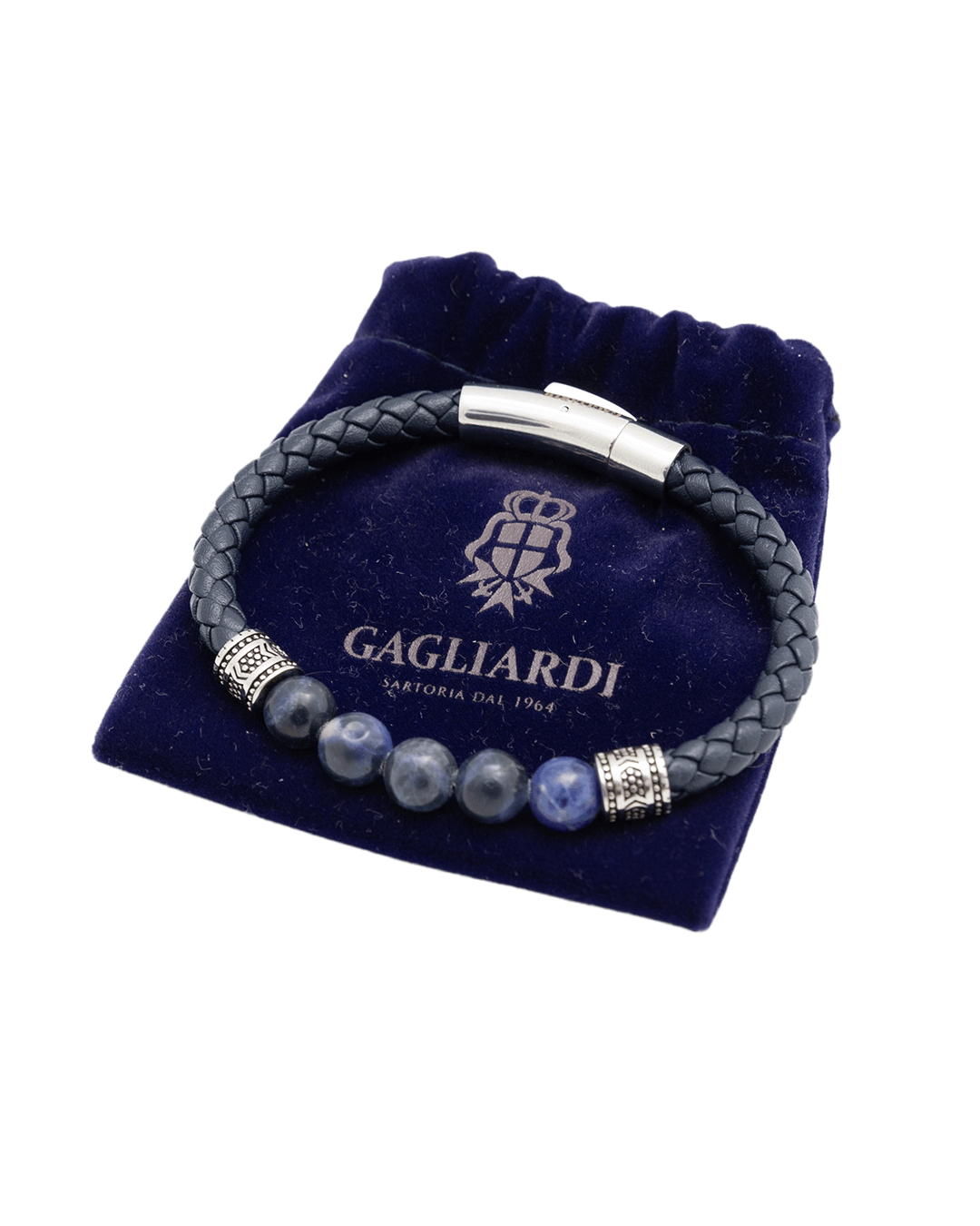 Navy Braided Leather Gemstone Bead Bracelet Gagliardi