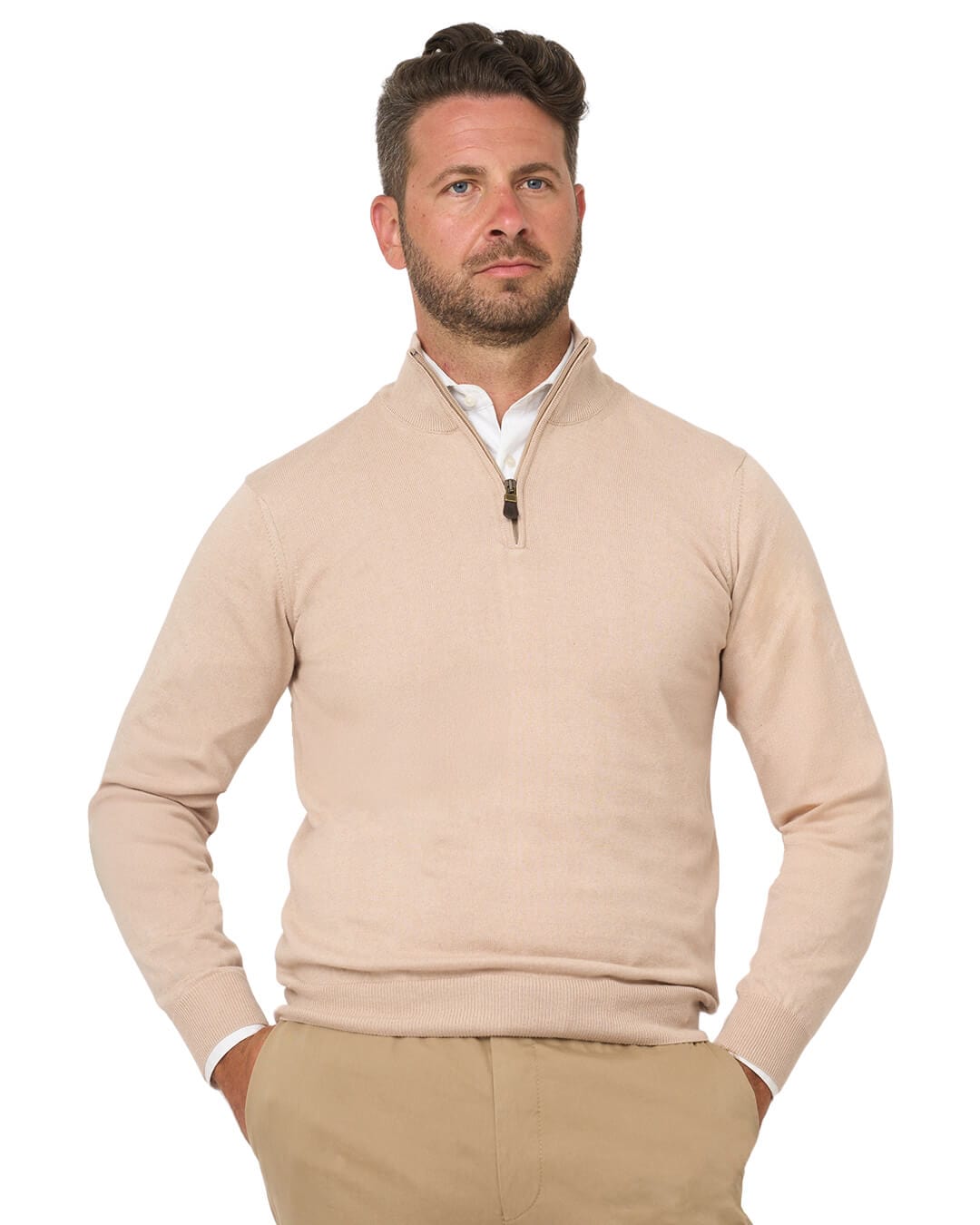 Gagliardi Jumpers Gagliardi Stone Cotton Cashmere Zip Neck Jumper