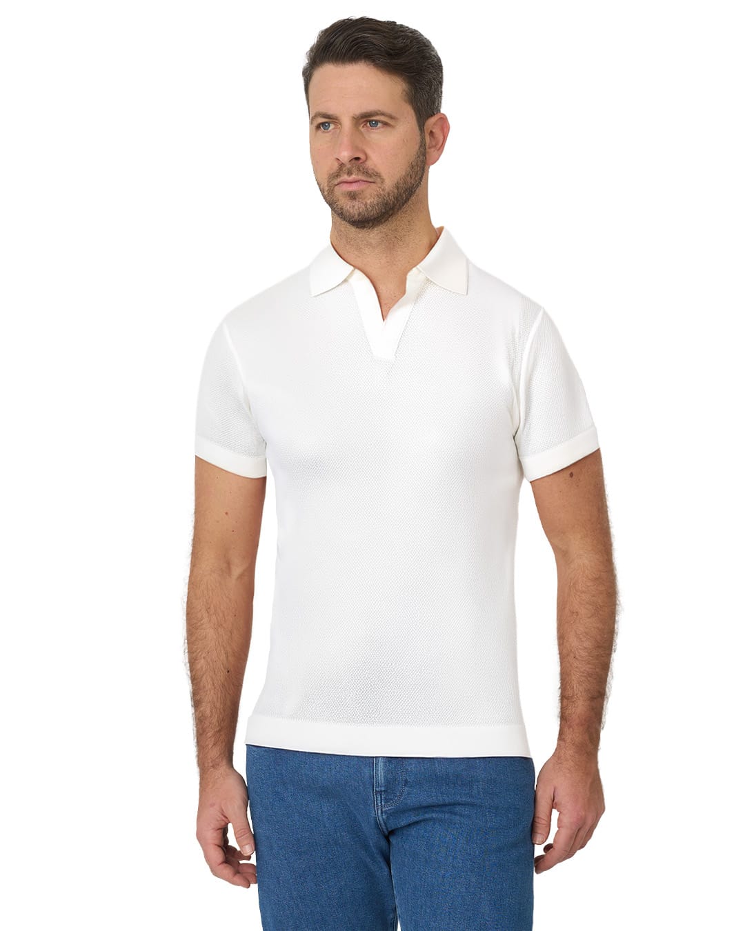 Gagliardi White Moss Stitch Knitted Cotton Polo Shirt