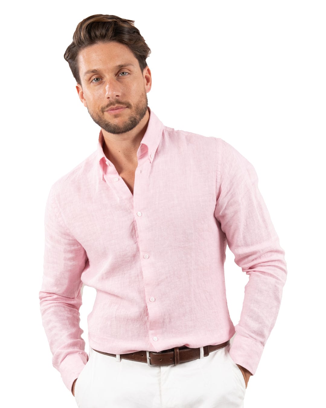 Pink Slim Fit Linen Button Down Shirt