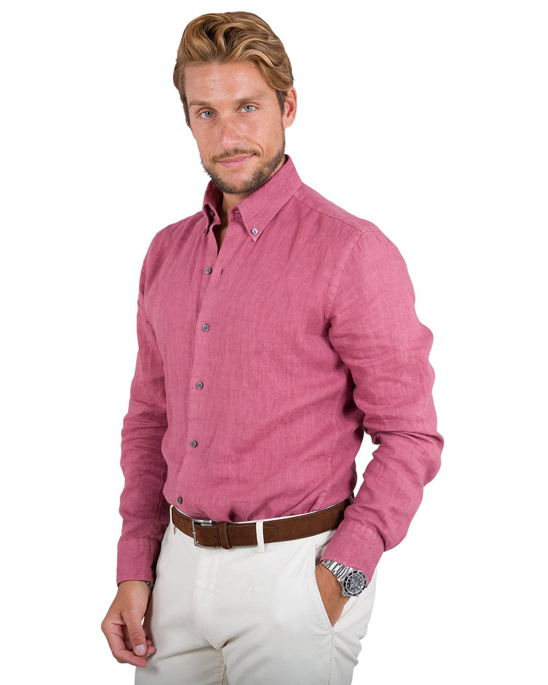 Red Slim Fit Linen Button Down Shirt