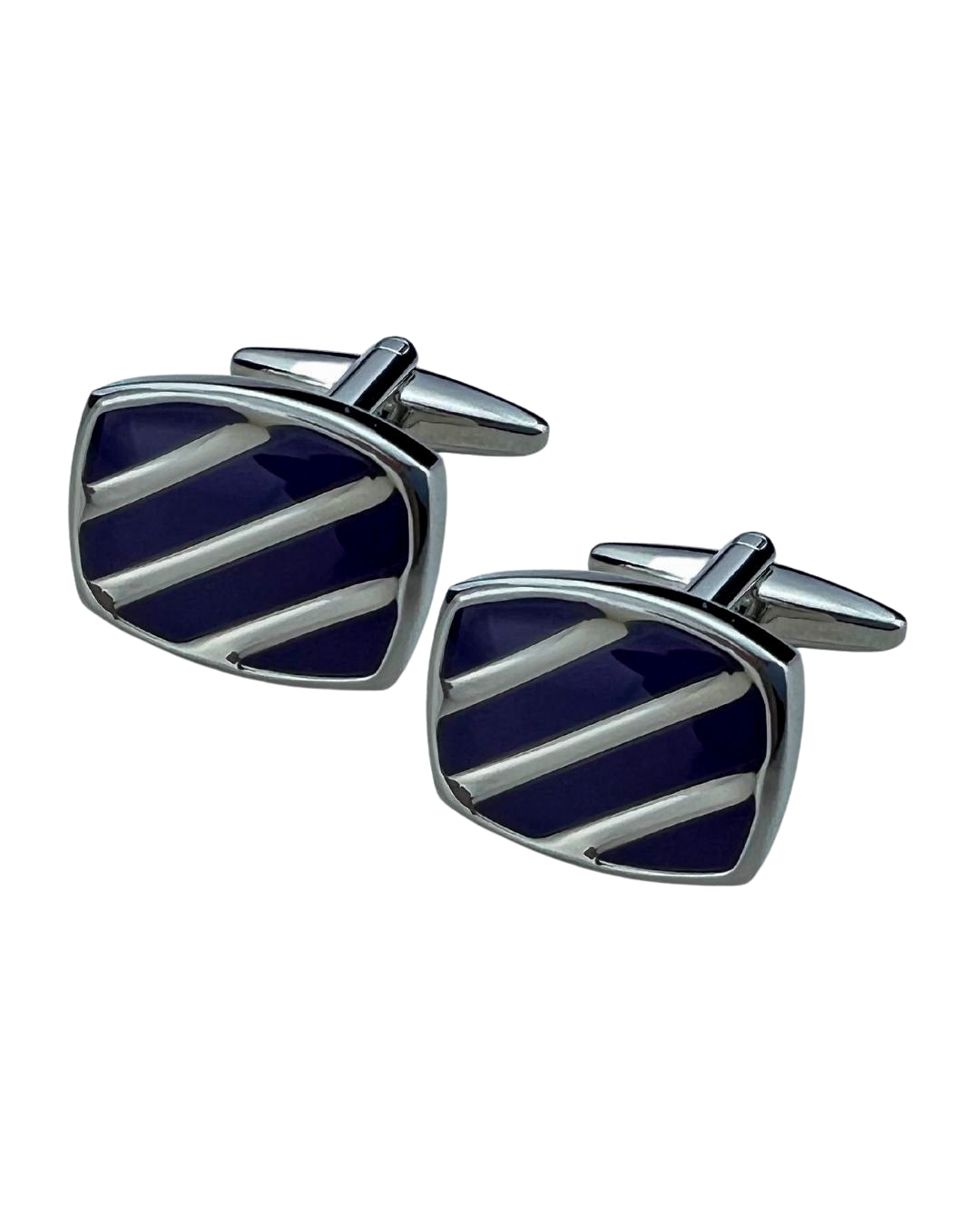 Rhodium Rectangular Cufflinks With Purple Diagonal Enamel Stripes