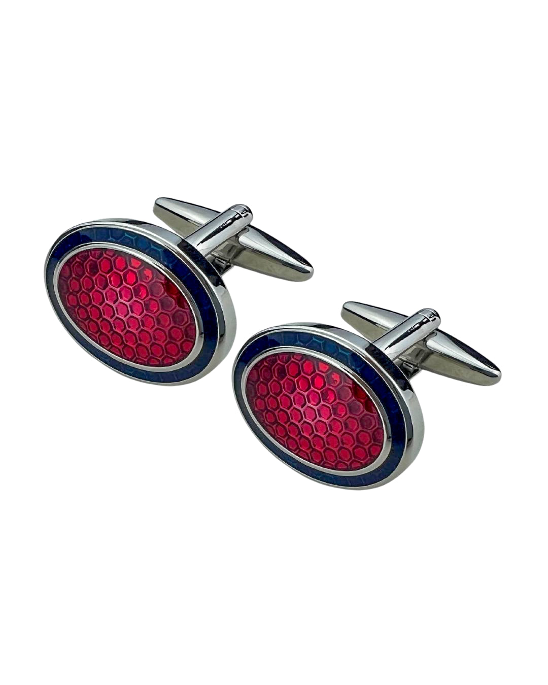 Rhodium Oval Cufflinks With Textured Red Enamel Centre