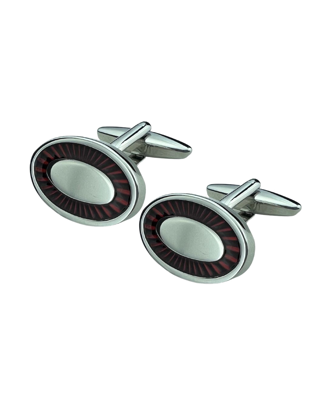 Rhodium Oval Cufflinks With Textured Red Enamel Sunburst