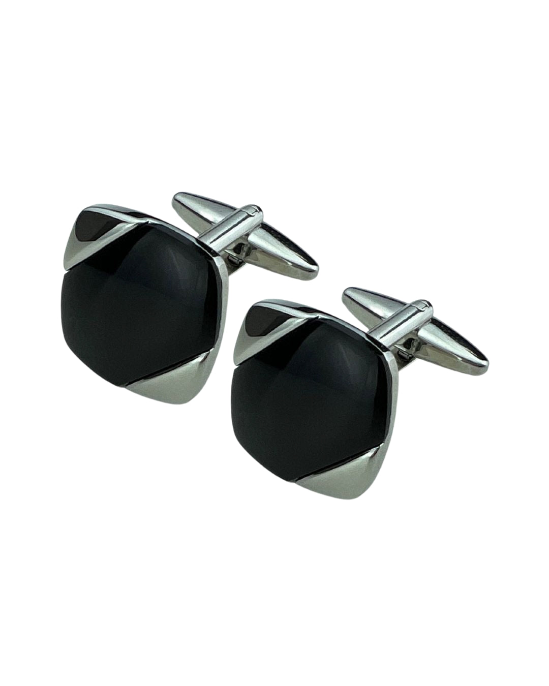 Rhodium Square Cufflinks With Diagonal Onyx Stripe