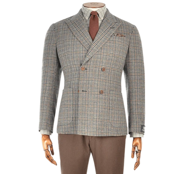 Grey Burgundy & Navy Double Breasted Prince of Wales Wool Jacket - Gagliardi