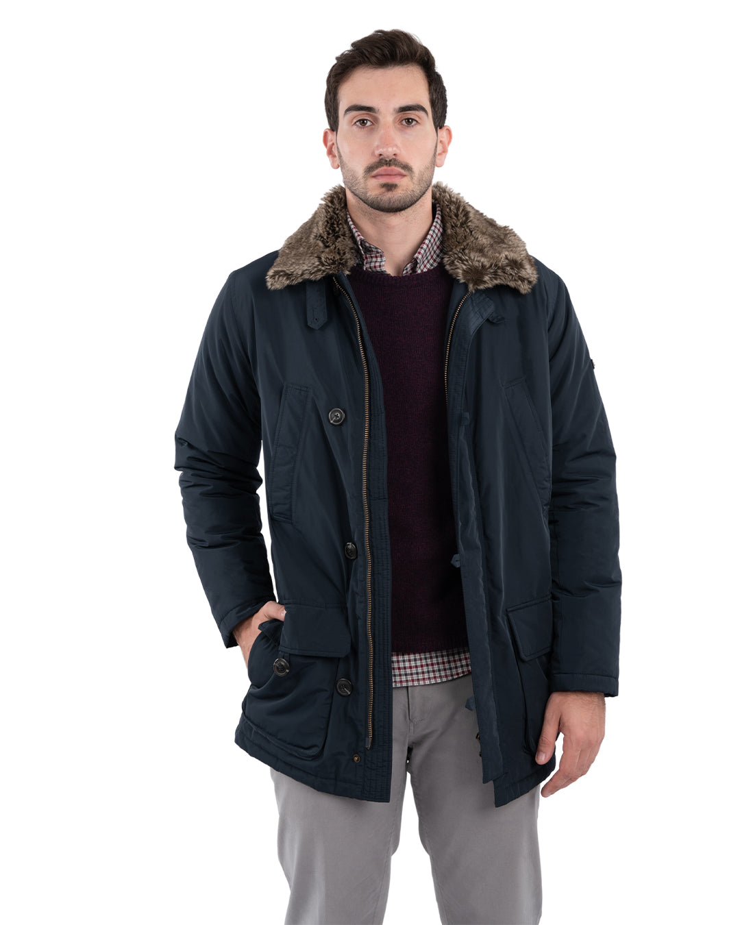Navy Parka With Detachable Faux Fur Collar