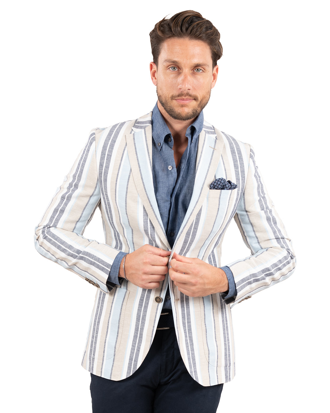 Blue Linen Cotton Striped Jacket