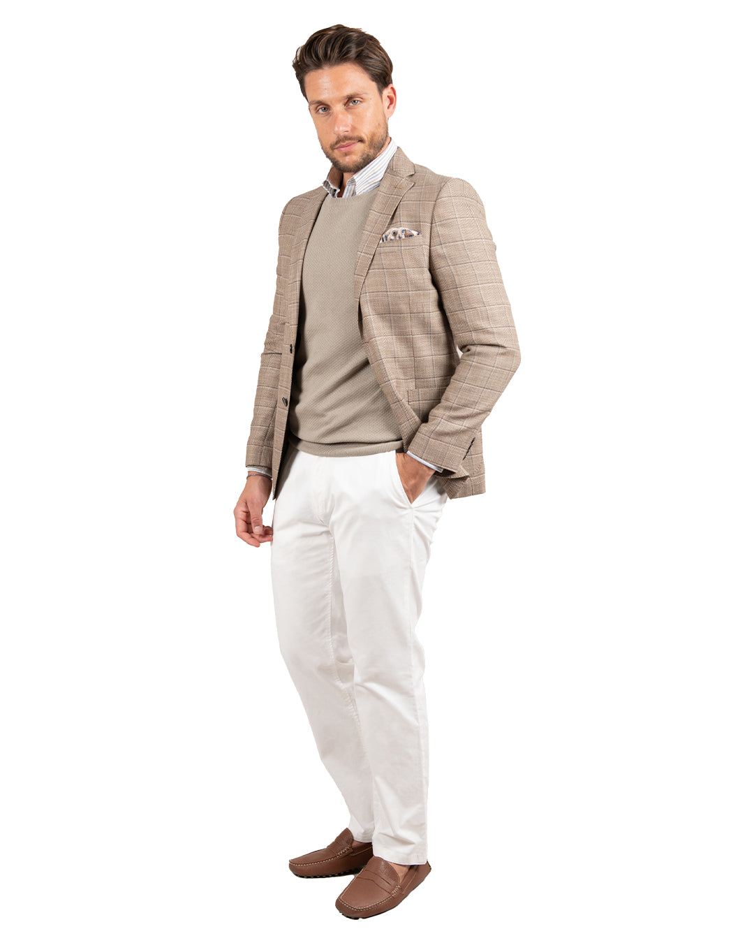 Beige Linen Blend Windowpane Check Jacket